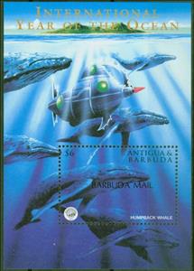 Souvenir Sheet, International Year of the Ocean (1) - Overprinted, Barbuda,  , Animals (Fauna), International Years, Mammals, Sea (Marine) Mammals, Sea Life, Submarines, Whales