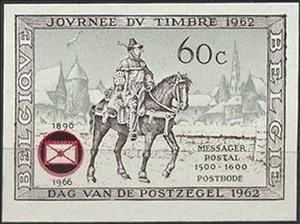 Stamp, Postillion on horseback (16th century) - Overprinted, Belgium,  , Animals (Fauna), Anniversaries and Jubilees, Horses, Mammals, Philately, Postal Traffic, Postmen, Stamp Collectors