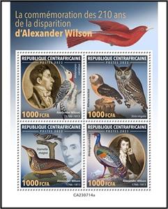 Mini Sheet, 210th Anniversary of the Death of Alexander Wilson, Central African Republic,  , Anniversaries and Jubilees, Explorers