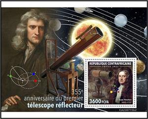 Souvenir Sheet, Isaac Newton (1643–1727), Central African Republic,  , Anniversaries and Jubilees, Telescopes