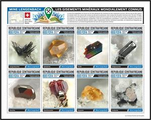 Mini Sheet, World Famous Mineral Deposits-Lengenbach Mine (Switzerland), Central African Republic,  , Minerals