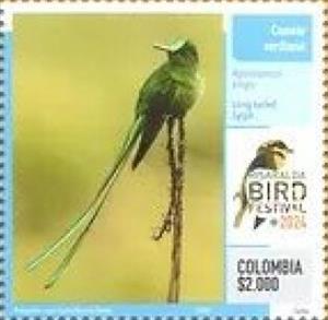 Stamp, Long-tailed Sylph (Aglaiocercus kingii), Colombia,  , Animals (Fauna), Birds