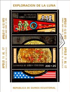 Souvenir Sheet, Apollo 11 & 17, Equatorial Guinea,  , Astronauts, Famous People, Maps, Moon, Moon Landing, Outer Space, Space Traveling, Космический корабли