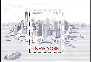 Souvenir Sheet, Founding of New York City, 500 Years, France,  , Anniversaries and Jubilees, Buildings, Discoveries, Townscapes / City Views