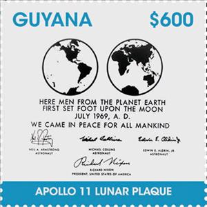 Stamp, Apollo 11 Lunar Plaque, Guyana,  , Globes, Moon, Moon Landing, Outer Space