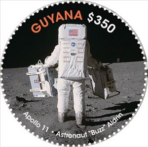 Stamp, Astronaut Buzz Aldrin Walking on Moon, Guyana,  , Astronauts, Moon, Moon Landing, Outer Space