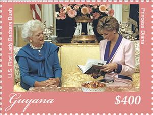 Stamp, Mrs. Bush and Princess Diana (Both Seated), Guyana,  , Princesses, Women