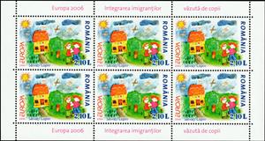 Full Pane, Children in Front of a House, Romania,  , Antiracism, Birds, C.E.P.T. / Europe, Children, Drawings, Houses, Immigrants, Sun