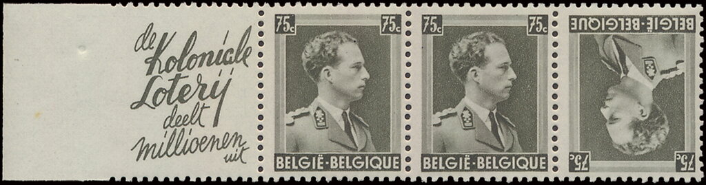 Tete-Beche, PUB Koloniale loterij + King Leopold III 75ct, Belgium,  , Famous People, Heads of State, Kings, Men, Royalty, Uniforms