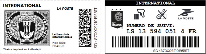 Stamp with Attached Label, Popcorn in black without laposte logo. suivi, France,  , Candy, Food