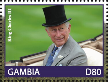 Stamp, King Charles III, Gambia,  , Famous People, Heads of State, Kings, Queens, Royalty