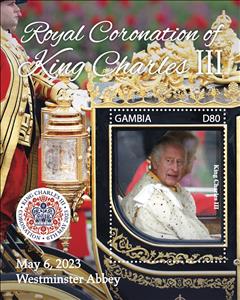 Souvenir Sheet, Royal Coronation of King Charles III, Gambia,  , Famous People, Heads of State, Kings, Royalty