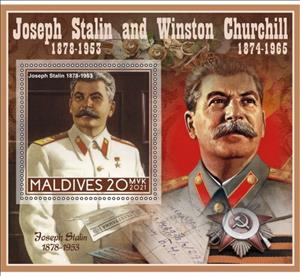 Souvenir Sheet, Great People Joseph Stalin and Winston Churchill, Maldives,  , Famous People, Heads of State