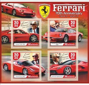 Mini Sheet, Transport Ferrari 70th Anniversary, Maldives,  , Cars, Racing Cars