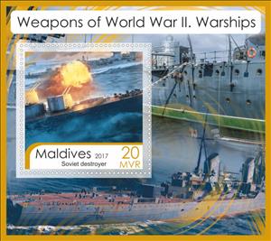 Souvenir Sheet, Weapons of World War II. Warships, Maldives,  , Naval Battles, Navies, Second World War, Ships, Warships