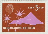 Stamp, Extinct Volcano and Palms, Saba, Netherlands Antilles,  , Landscapes, Palm-trees, Tourism, Volcanos