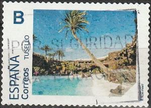 Stamp, Beach with palm tree, Spain,  , Beaches, Palm-trees, Tourism
