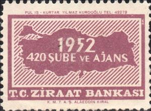 Stamp, Zıraat Bank. Year 1952, 420 Branches and Agents, Turkey,  , Banks, Maps