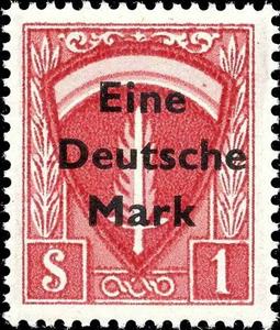 Stamp, SHAEF emblem, flaming sword on shield, Allied Military Government,  , Coats of Arms, Fire and Flames, Second World War, Swords