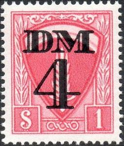 Stamp, SHAEF emblem, flaming sword on shield, Allied Military Government,  , Coats of Arms, Fire and Flames, Second World War, Swords