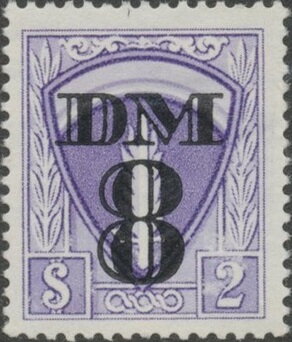 Stamp, SHAEF emblem, flaming sword on shield, Allied Military Government,  , Coats of Arms, Fire and Flames, Second World War, Swords