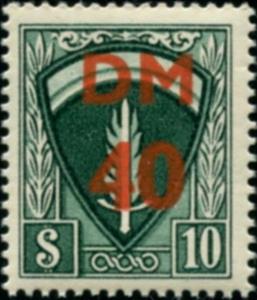 Stamp, SHAEF emblem, flaming sword on shield, Allied Military Government,  , Coats of Arms, Fire and Flames, Second World War, Swords
