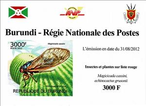Souvenir Sheet, Dwarf Cicada (Magicicada cassini), Barrel Cactus (Echin, Burundi,  , Animals (Fauna), Beetles, Flowers, Insects, Plants (Flora)