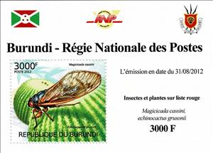 Souvenir Sheet, Dwarf Cicada (Magicicada cassini), Barrel Cactus (Echinocact, Burundi,  , Animals (Fauna), Beetles, Flowers, Insects, Plants (Flora)