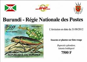Souvenir Sheet, The Goldstreifiger (Buprestis splendens), Blue Latan Palm, Burundi,  , Animals (Fauna), Beetles, Flowers, Insects, Planets