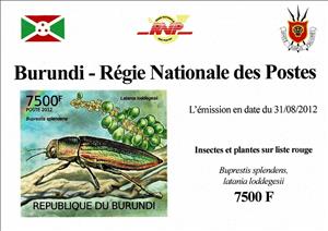 Souvenir Sheet, The Goldstreifiger (Buprestis splendens), Blue Latan Palm, Burundi,  , Animals (Fauna), Beetles, Flowers, Insects, Plants (Flora)