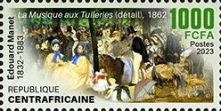 Stamp, "Music in the Tuileries" (detail), 1862, Central African Republic,  , Art, Musicians, Paintings