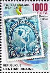 Stamp, 160th anniversary of Pierre de Coubertin (1863–1937), Central African Republic,  , Anniversaries and Jubilees, Athletes