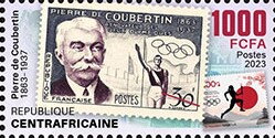 Stamp, 160th anniversary of Pierre de Coubertin (1863–1937), Central African Republic,  , Anniversaries and Jubilees, Athletes