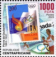 Stamp, 160th anniversary of Pierre de Coubertin (1863–1937), Central African Republic,  , Anniversaries and Jubilees, Olympic Games