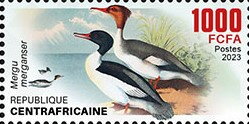 Stamp, Common merganser (Mergus merganser), Central African Republic,  , Animals (Fauna), Birds