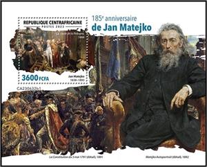 Souvenir Sheet, Jan Matejko (1838–1893), Central African Republic,  , Anniversaries and Jubilees, Painters