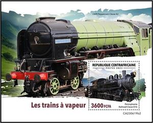 Souvenir Sheet, Pennsylvania Railroad Class D16, Central African Republic,  , Locomotives, Railways