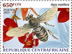 Stamp, Western Honey Bee (Apis mellifera), Central African Republic,  , Animals (Fauna), Bees, Insects