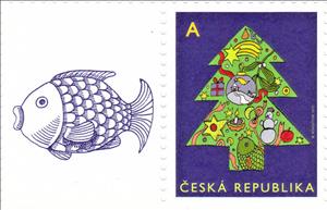 Stamp with Attached Label, Christmas Tree, Czech Republic,  , Christmas, Stylized Plants