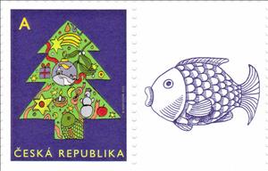 Stamp with Attached Label, Christmas Tree, Czech Republic,  , Christmas, Stylized Plants