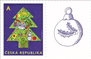 Stamp with Attached Label, Christmas Tree, Czech Republic,  , Christmas, Stylized Plants