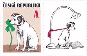 Stamp with Attached Label, Dog with four-leaf clover, Czech Republic,  , Dogs, Drawings, Paintings