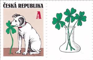 Stamp with Attached Label, Dog with four-leaf clover, Czech Republic,  , Dogs, Drawings, Paintings