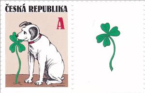 Stamp with Attached Label, Dog with four-leaf clover, Czech Republic,  , Dogs, Drawings, Paintings