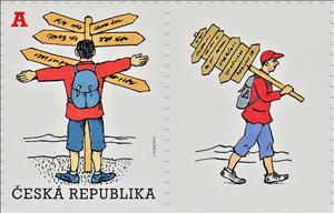 Stamp with Attached Label, Tourist in front of the signpost, Czech Republic,  , Explorers
