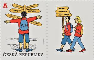 Stamp with Attached Label, Tourist in front of the signpost, Czech Republic,  , Explorers