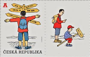 Stamp with Attached Label, Tourist in front of the signpost, Czech Republic,  , Explorers