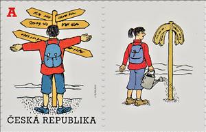Stamp with Attached Label, Tourist in front of the signpost, Czech Republic,  , Explorers