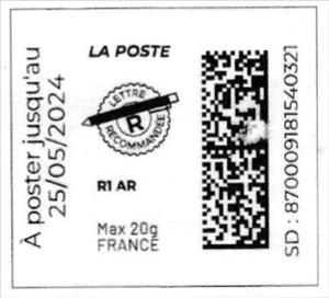 Stamp, Registered Letter with no image. Recommandee, France,  , Letters (Alphabet), Numbers, Stationery