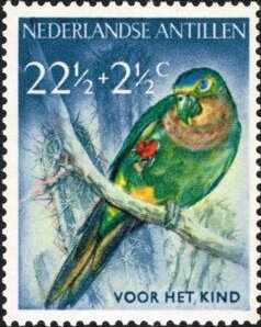 Stamp, Brown-throated Parakeet (Eupsittula pertinax), Netherlands Antilles,  , Animals (Fauna), Birds, Parrots